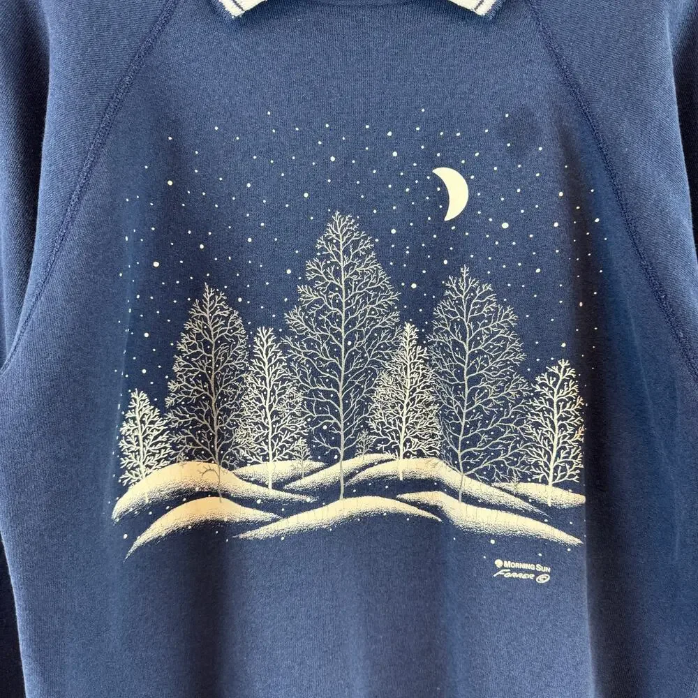 VTG Morning Sun Blue Collared Sweatshirt Grandma Winter Forest Forrer Size XL